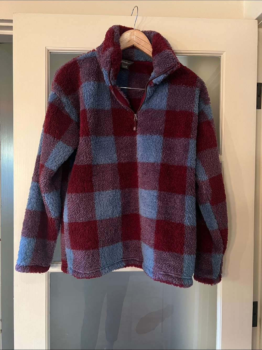 Eddie Bauer Check quarter Zip Sherpa Pullover - Burgundy & Blue